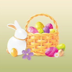 3d Happy Easter Concept Plasticine Cartoon Style Bunny and Full Painted Eggs Basket . Vector illustration of Spring Holiday