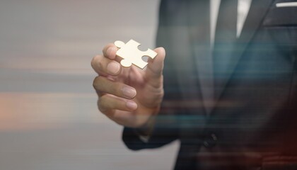 Concept of finding new solutions in a business, closeup of a man in a suit holding a jigsaw puzzle