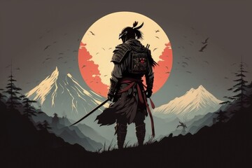 Landscape with samurai warrior from the back, mountains in the background. Generative AI