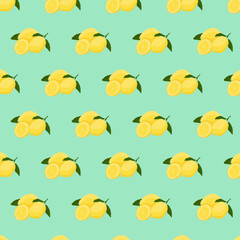 Seamless pattern with lemon on green background. Continuous one line drawing lemon. Black line art on green background with colorful spots. Vegan concept