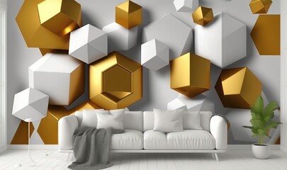  a living room with a white couch and a wall with gold and white cubes on the wall and a potted plant in the corner.  generative ai