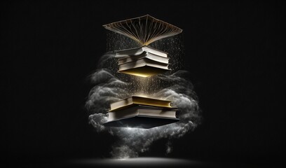  a stack of books floating in the air with a parachute coming out of it's top and a book flying out of it's bottom.  generative ai