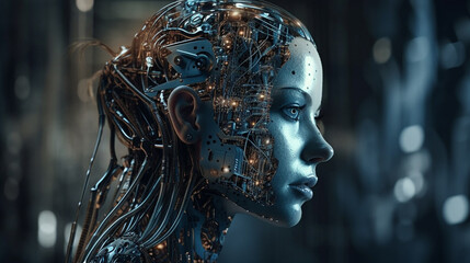 female cyborg with circuit brain and binary code.generative ai