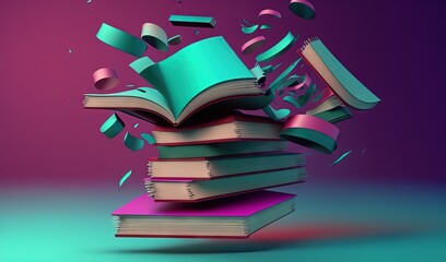  a stack of books with books falling off of them and a purple background with a blue and pink book on top of it and a purple background.  generative ai