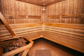 Fototapeta na wymiar Interior of sauna, classic wooden sauna, SPA
