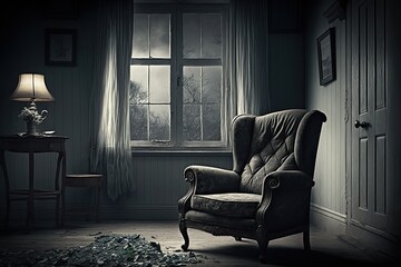 Lonely Armchair in Empty Living Room - A Sense of Loss and Solitude Amidst Memory and Sorrowful Nostalgia: Generative AI