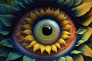 Intricate Hallucinogenic Detailed Eyeball with Bright Yellow Sunflower, Sun, and Sunburst Colours: Generative AI
