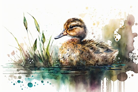 Rainy Day in the Duck Pond: Majestic Watercolor Painting of a Cute Duckling. Generative AI