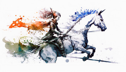 Elf Riding Majestic Unicorn in Enchanted Forest, isolated on white background - watercolor style illustration background by Generative Ai