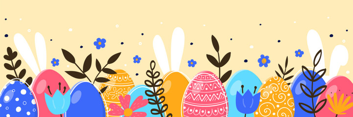 Easter banner with coloured eggs, bunnies and flowers. Hand drawn style Easter decoration. Vector illustration