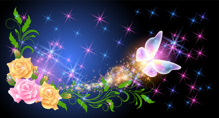 Flying delightful butterfly with sparkle and blazing trail flying out of rose flowers among shiny glowing stars in cosmic space. Animal protection day concept.