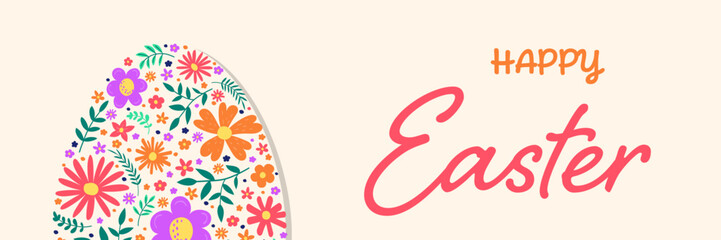 Colourful Easter egg with hand drawn flowers. Concept of a greeting card. Banner. Vector illustration