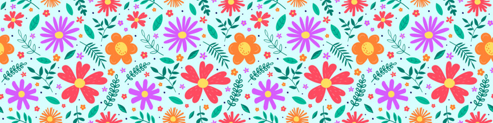Floral seamless pattern. Spring background with colourful hand drawn flowers and leaves. Banner. Vector illustration.