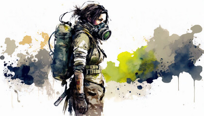 Woman Survivor in Post-Apocalyptic Wasteland in gas mask, Environmental disaster, Armageddon, isolated on white background - watercolor style illustration background by Generative Ai