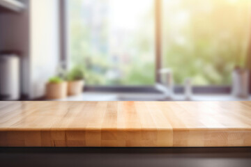 Wooden table on blurred kitchen window background. Generative AI