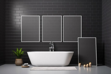 Dark gray tiles with white bathtub and posters. Generative AI