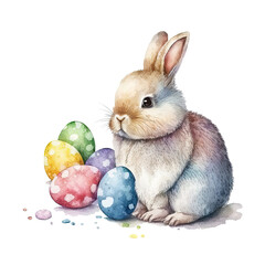 Obraz premium Cute Watercolor Easter Bunny with Eggs. Illustration AI Generative.