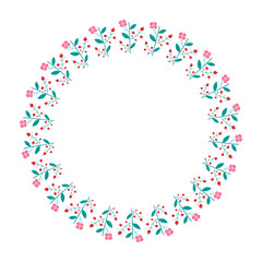 Floral seamless circle frame. Vector wreath. Decorative frame for design print, postcard, brochure, flyer, banner. Wreath with berries and flowers isolated on white background.