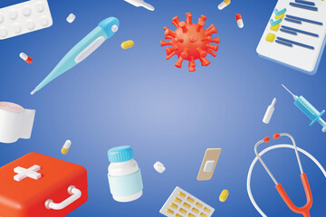 3d Health Care Concept Plasticine Cartoon Style Elements Include of Capsule, Case, Thermometer and Check List. Vector illustration