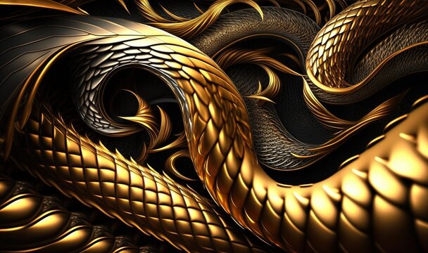  a gold and black snake pattern with a black and gold background and a black and gold snake on the left side of the image and a gold snake on the right side of the.  generative ai