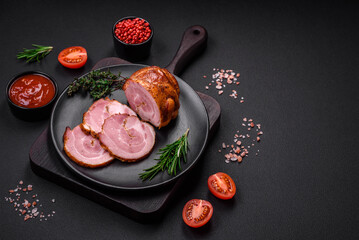 Delicious fresh baked meat roll with spices and herbs