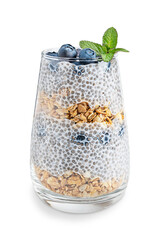 Dessert made of layers of healthy chia seeds soaked in natural plant based milk and granola muesli...