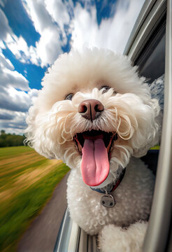Happy Bichon Frise sticking head out of car window while car is driving. Generative AI
