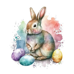 Fototapeta na wymiar Cute Watercolor Easter Bunny with Eggs. Illustration AI Generative.