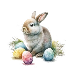 Cute Watercolor Easter Bunny with Eggs. Illustration AI Generative.