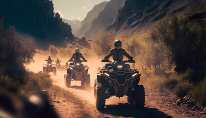 Group people riding atv vehicle on offroad track in touristic tour, sun light. Generation AI - obrazy, fototapety, plakaty