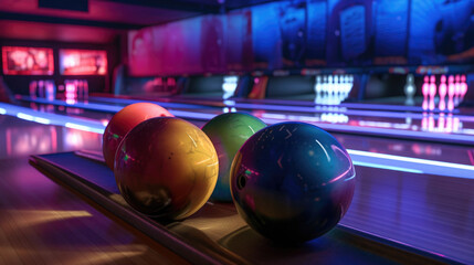 Bowling Alley With Neon Lights created with Generative AI Technology, ai, generative