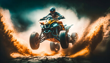 Man jumping atv vehicle on offroad track in touristic tour, extreme sport activities theme. Generation AI