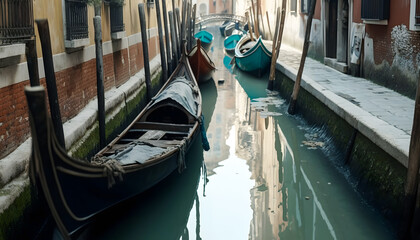 Fototapeta na wymiar Venice Italy canal with gondolas Dry water, extremely low level sea, drought. Generation AI