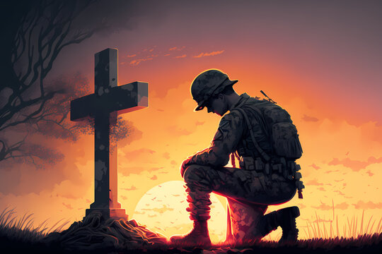 Military man kneeling of grave fallen soldier, sunset. Concept veteran of war. Generation AI