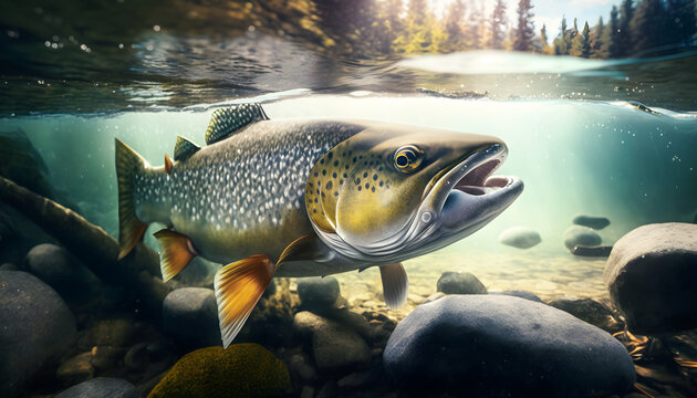 Predatory fish salmon trout in habitat under water looking for prey. Sport fishing concept. Generation AI