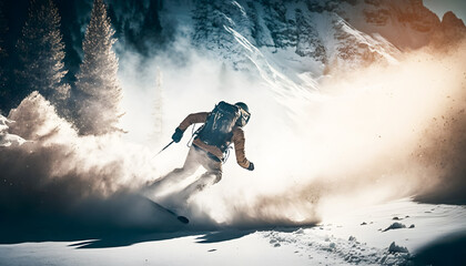 Obraz na płótnie Canvas Banner Extreme skiing. Freeride ski in fresh powder snow with sunlight. Winter action photo. Generation AI