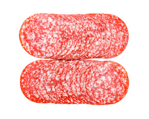 Salami sausage meat with bacon, cut into circles close-up isolated on white background with clipping path