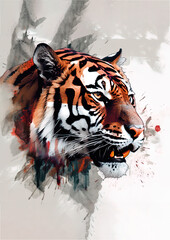 tiger, animal,ink,portrait,painting