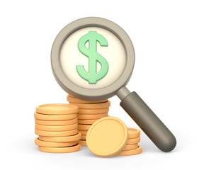 Realistic 3d icon of golden coins and magnifying glass - 583211124