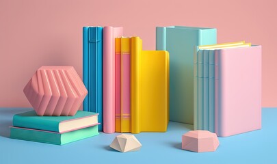  a group of books sitting on top of a blue table next to a pink and yellow bookends and a pink and blue wall.  generative ai