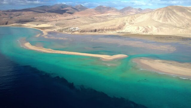 Fuerteventura sea sceney aerial drone view. Best scenic beaches and famous sport for windsurfing and kitesurfing Sotavento in south. view of lagoon .Canary islands