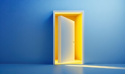  an open door in a blue room with a bright light coming in from the center of the door and a bright light coming in from the bottom of the door.  generative ai