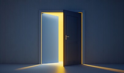  an open door with a bright light coming in from the side of it in a dark room with a light coming in from the other side.  generative ai