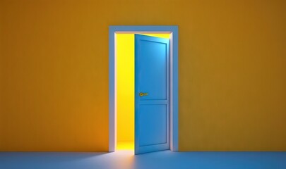  an open door leading to a bright yellow room with a bright blue light coming in from the center of the room and a yellow wall.  generative ai