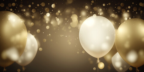 Fototapeta na wymiar Realistic Festive background with golden and blue balloons falling confetti blurry background and a bokeh lights with Generative AI technology