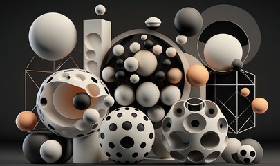  a group of different shapes and sizes of objects on a black background with a black background and a black background with a white and orange design.  generative ai