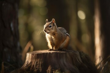 Cute small squirrel sitting on the tree trunk, created with generative AI