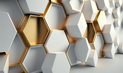  a bunch of white and gold hexagonals are stacked together on a wall with a gold frame in the middle of the wall.  generative ai