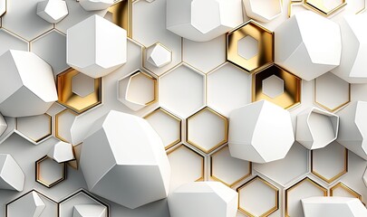  a white and gold background with hexagons and hexagons in the center of the image, with a gold border.  generative ai