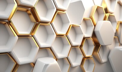  a bunch of white and gold hexagonals are stacked together on a wall with gold accents on each side of the wall,.  generative ai